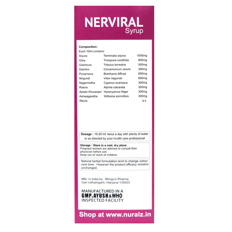 Nuralz Nerviral Syrup : For Nerves, Vein & Nervous System, Mind Relax Medicine (800 ml) (200 ml X 4) - Uniherbs India