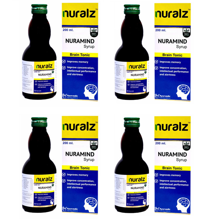 Nuralz Nuramind Syrup : An Ayurvedic Brain Tonic, Helps to increase Memory, Concentration, Intellectual Performance, and Alertness (800 ml) (200 ml X 4) - Uniherbs India