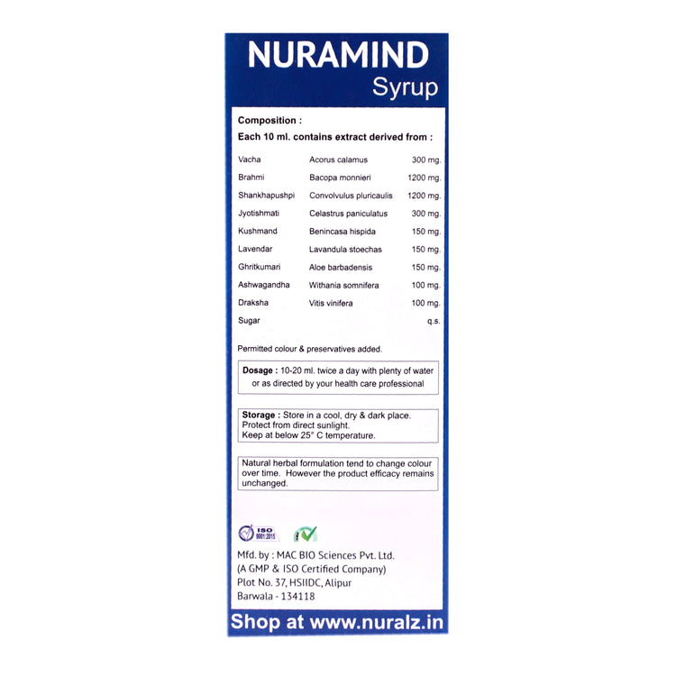 Nuralz Nuramind Syrup : An Ayurvedic Brain Tonic, Helps to increase Memory, Concentration, Intellectual Performance, and Alertness (800 ml) (200 ml X 4) - Uniherbs India