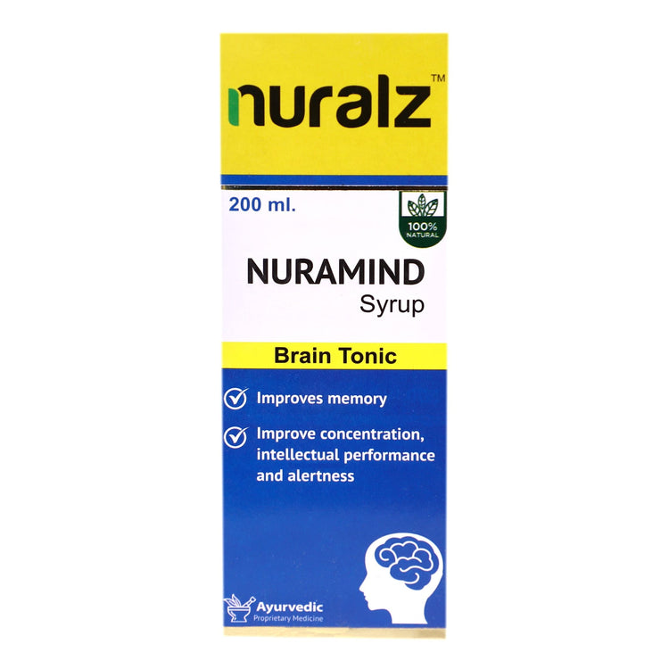 Nuralz Nuramind Syrup : An Ayurvedic Brain Tonic, Helps to increase Memory, Concentration, Intellectual Performance, and Alertness (800 ml) (200 ml X 4) - Uniherbs India