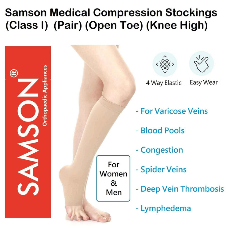 Samson Medical Compression Stockings (Class-1) (Pair) - For Varicose Veins, Blood pools, Congestion, Spider Veins, DVT, Lymphedema (For Women & Men) (Knee High)
