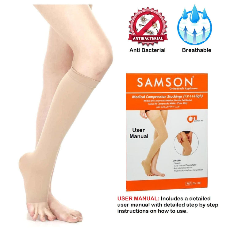 Samson Medical Compression Stockings (Class-1) (Pair) - For Varicose Veins, Blood pools, Congestion, Spider Veins, DVT, Lymphedema (For Women & Men) (Knee High)