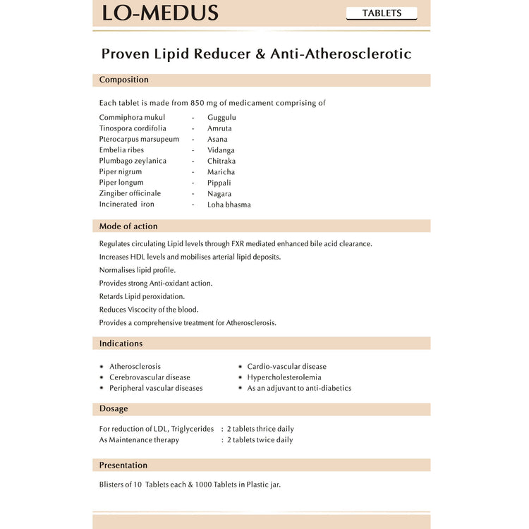AVN Lo-Medus Tablets : Used in Obesity, Cholesterol, High Lipid Levels and Triglycerides, Reduces Risk of Heart Attack (100 Tablets)