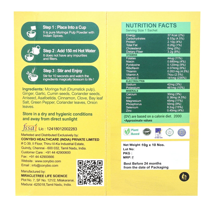 Conybio Moringa Instant Soup (Indian Spices) : 100% Organic & Natural Properties (Gluten Free, No MSG, Low Sodium, Freeze Dried) - Pack of 2 (20 Sachets)