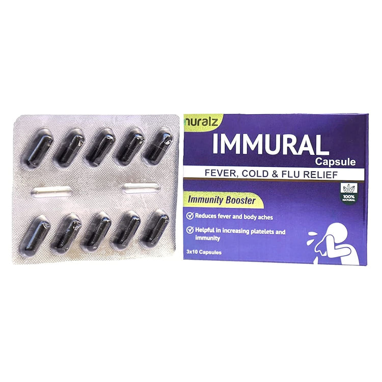 Nuralz Immural Capsules : For Fever, Cold & Flu Relief, Reduces Body Aches, Helpful In Increasing Platelets and Immunity (30 Capsules) - Uniherbs India