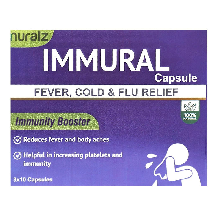 Nuralz Immural Capsules : For Fever, Cold & Flu Relief, Reduces Body Aches, Helpful In Increasing Platelets and Immunity (30 Capsules) - Uniherbs India