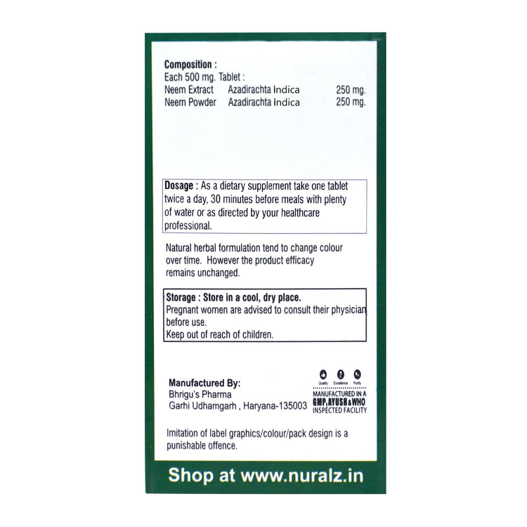 Nuralz Neem Tablets : Helps Keep Skin Healthy, Glowing Skin, Helpful In Treating Acne & Skin Disorders, Nature Immunity Booster (120 Tablets) (60 Tablets X 2)