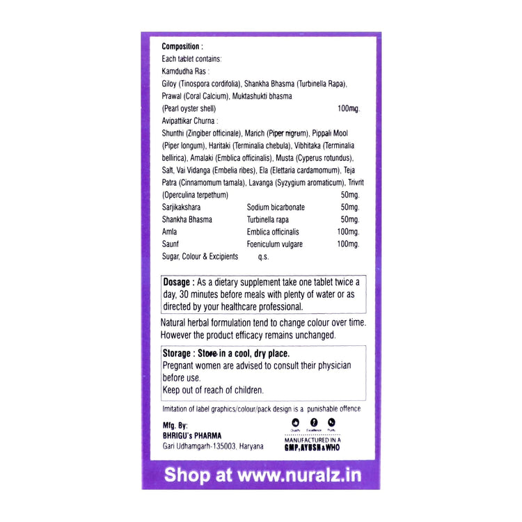 Nuralz Nur-O-Gas Tablets : Fast Relief from Gas, Acidity, Indigestion (60 Tablets) (30 Tablets X2)