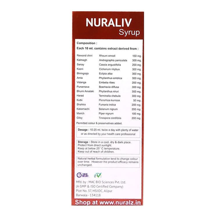 Nuralz Nuraliv Syrup : Helps to Improve Liver Function, Kidneys, Cleansing Toxins from Blood (400 ml) (200 ml X 2)