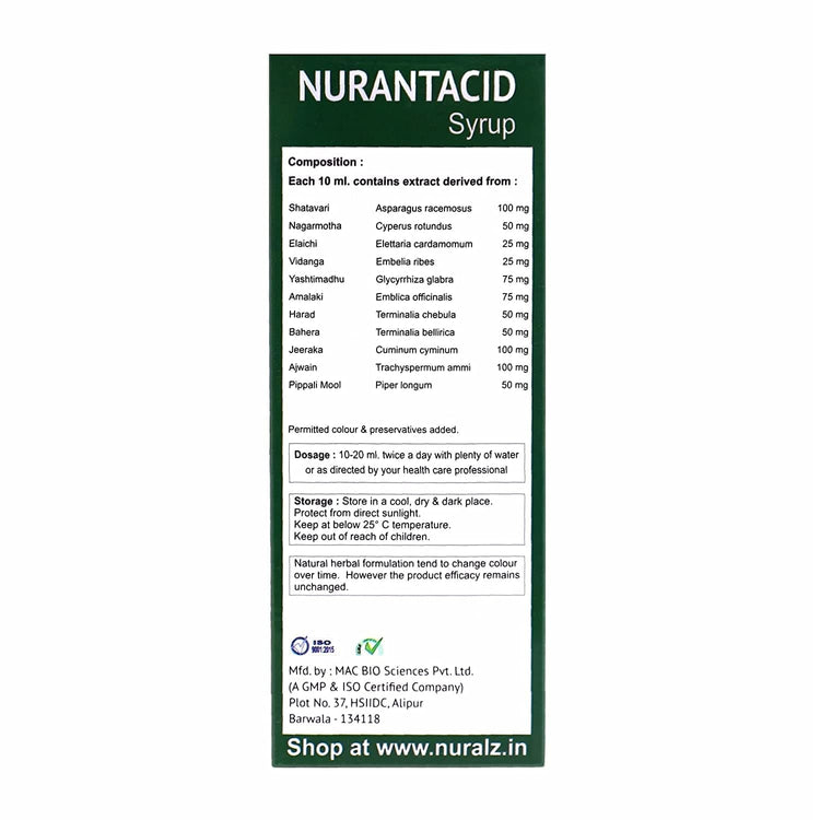 Nuralz Nurantacid Syrup : Helpful In Hyper Acidity, Gas Problems, Indigestion, Constipation, Improves Digestive Health (400 ml) (200 ml X 2)