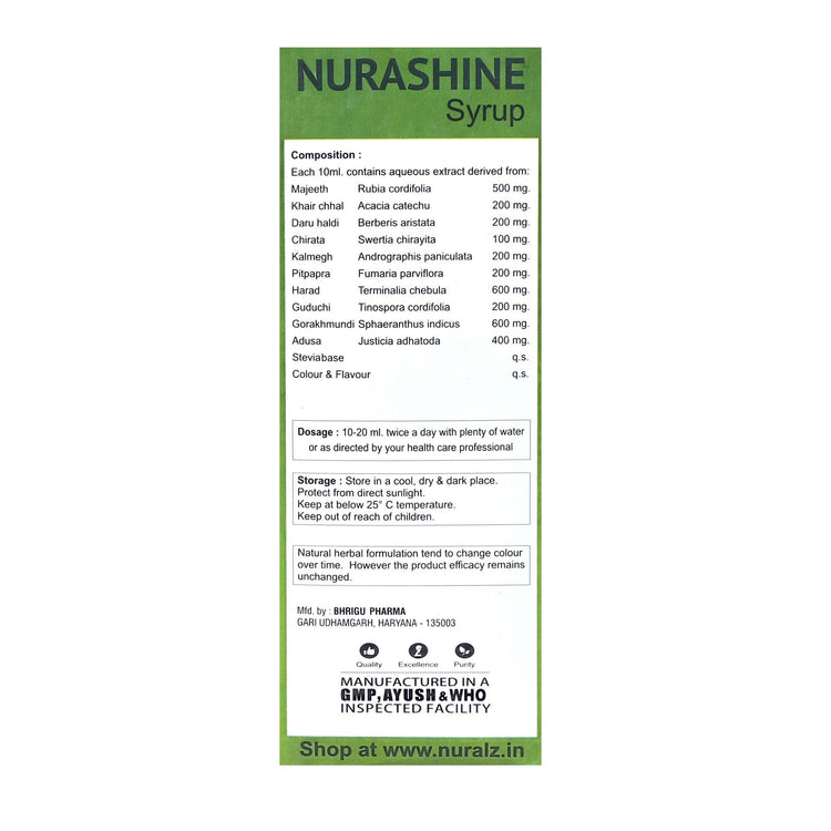 Nuralz Nurashine Syrup : Powerful Blood Purifier, Helps With Skin Health And Glow, Acne, Pimples, Maintains Blood Circulation (400 ml) (200 ml X 2)