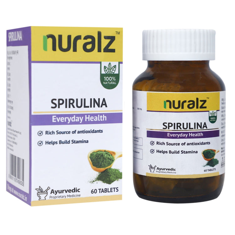Nuralz Spirulina Tablets : Rich Source of Antioxidants, Helps Build Stamina, Immunity Booster, Anti Inflammatory, For Fatigue, Tiredness (60 Tablets)