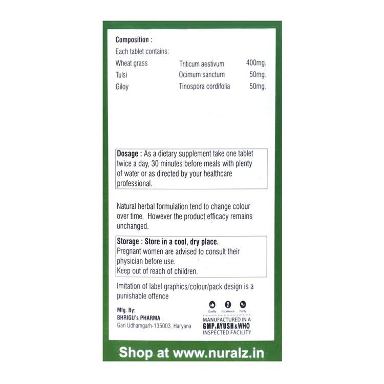 Nuralz Wheatgrass Tablets : Helpful for Weight Management, Supports in Digestion System (60 Tablets) - Uniherbs India
