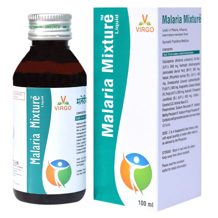 Virgo Malaria Mixture Syrup : For Malarial Fever, Viral Fever, Chronic Fever and Pyrexia of Unknown Origin (400 ml) (100 ml X 4) - Uniherbs India
