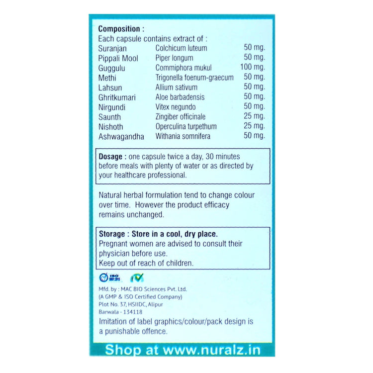 Uniherbs India Capsules Nuralz Nurajoint Capsules : Ayurvedic Medicine For Joints Pain, Mascular Pain, Knee Pain, Back Pain, Swelling (30 Capsules)