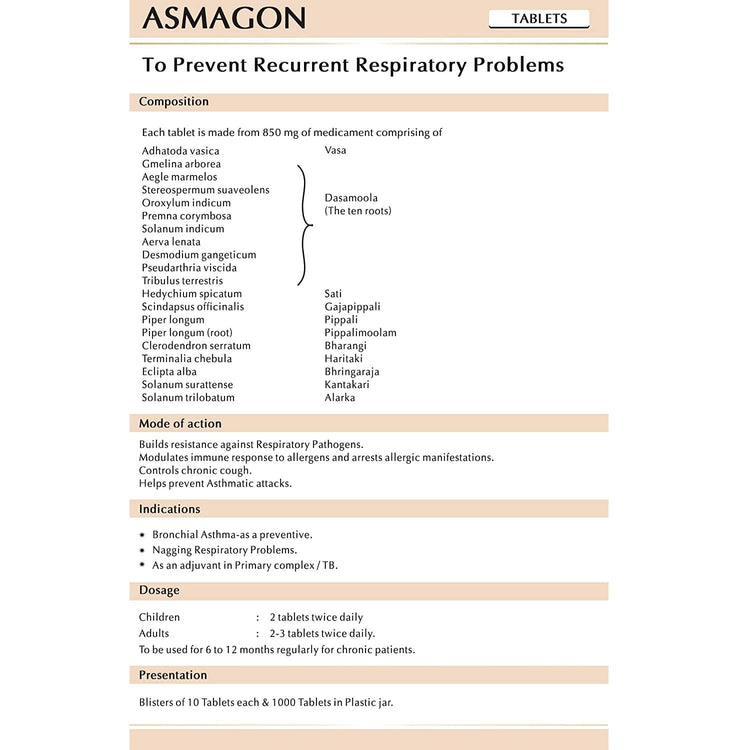 AVN Asmagon Tablets : Prevents and Relieves Bronchial Asthma, Tuberculosis (TB), Chronic Cough, Congestion (100 Tablets)