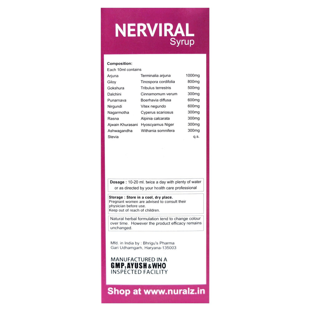 Nuralz Nerviral Syrup : For Nerves, Vein & Nervous System, Mind Relax Medicine (800 ml) (200 ml X 4) - Uniherbs India
