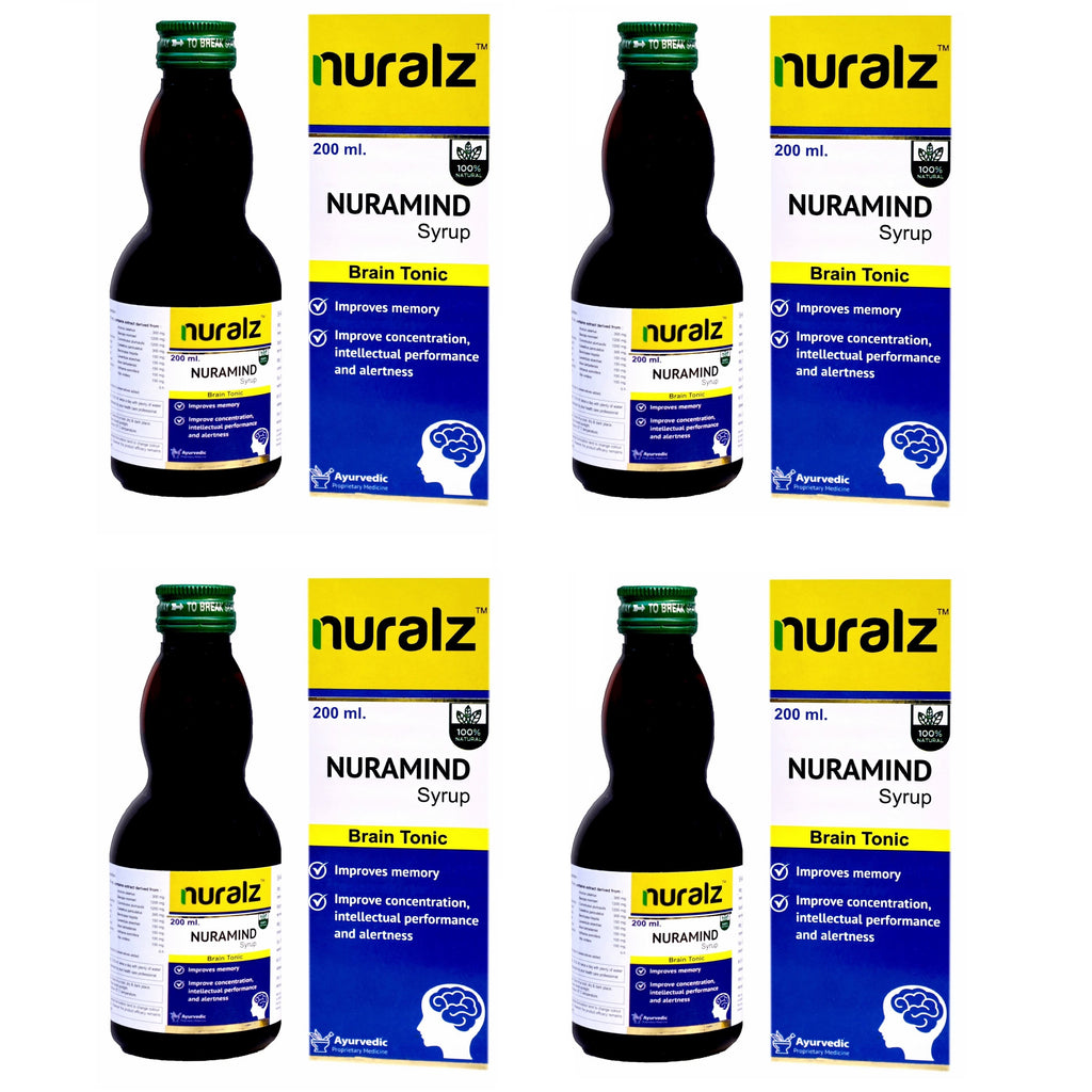 Nuralz Nuramind Syrup : An Ayurvedic Brain Tonic, Helps to increase Memory, Concentration, Intellectual Performance, and Alertness (800 ml) (200 ml X 4) - Uniherbs India