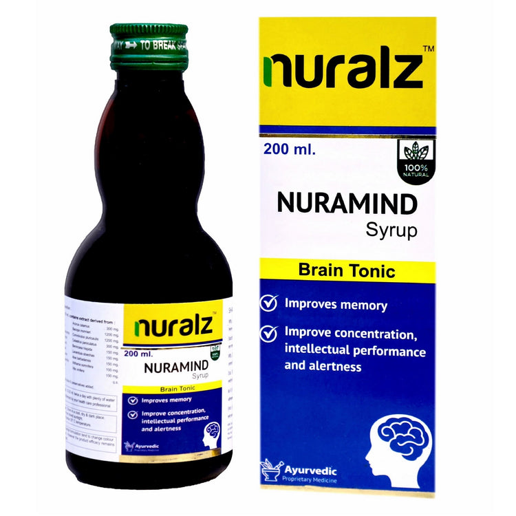 Nuralz Nuramind Syrup : An Ayurvedic Brain Tonic, Helps to increase Memory, Concentration, Intellectual Performance, and Alertness (800 ml) (200 ml X 4) - Uniherbs India