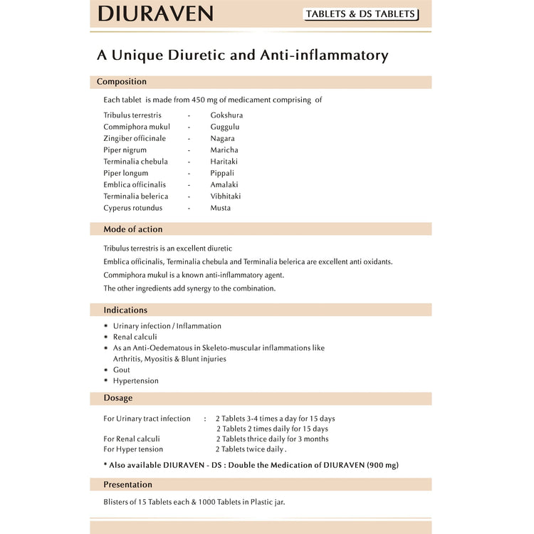 Uniherbs India Tablets AVN Diuraven DS Tablets : Helpful in Urinary Infections, Kidney Stones, High Blood Pressure, Cold, Cough, Asthma, Gout, Arthritis (100 Tablets)