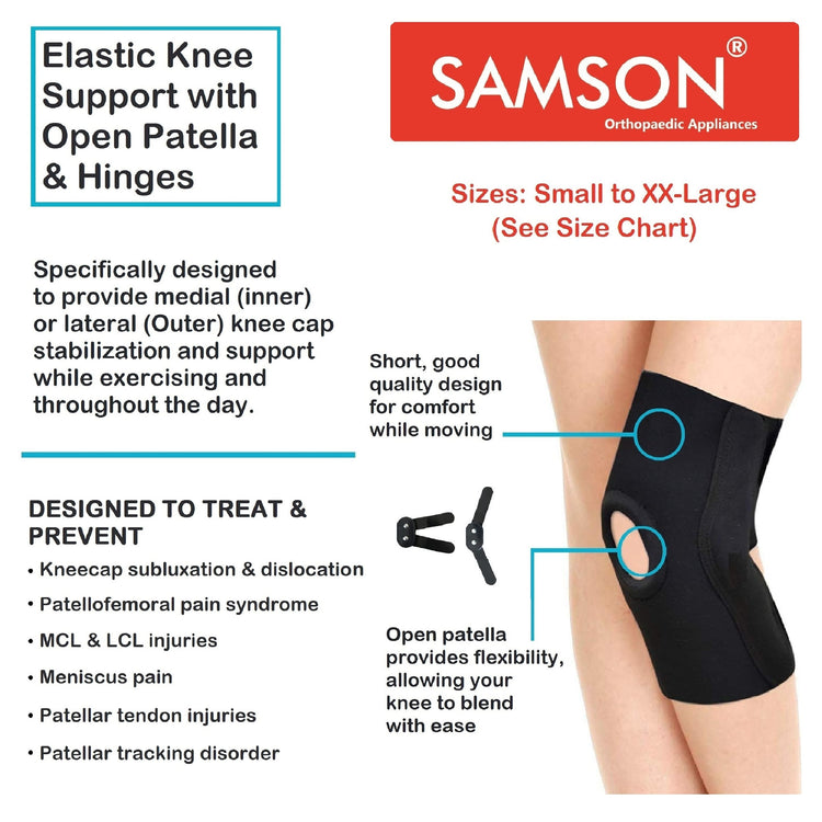 Samson Elastic Knee Support With Open Patella & Hinges - For Arthritis, Sports Injury, Joint Pain Relief, Knee Stabilizer & Support (For Women & Men)