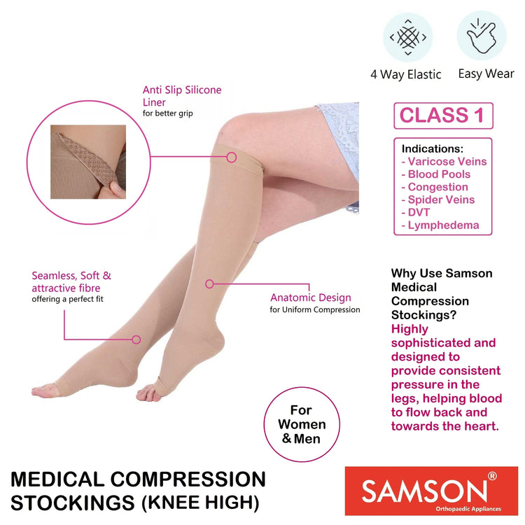 Samson Medical Compression Stockings (Class-1) (Pair) - For Varicose Veins, Blood pools, Congestion, Spider Veins, DVT, Lymphedema (For Women & Men) (Knee High)