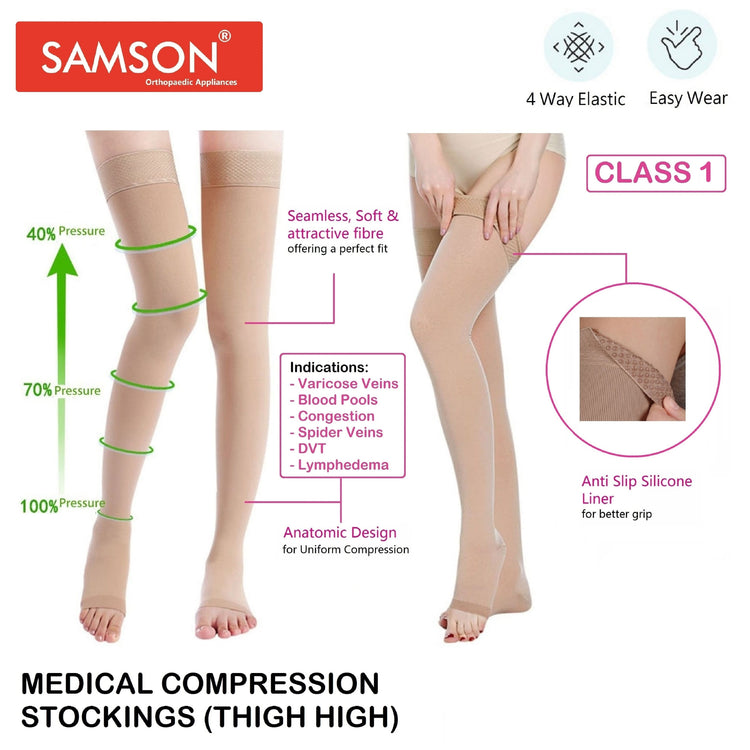 Samson Medical Compression Stockings (Class-1) (Pair) - For Varicose Veins, Blood Pools, Congestion, Spider Veins, DVT, Lymphedema (For Women & Men) (Thigh High)