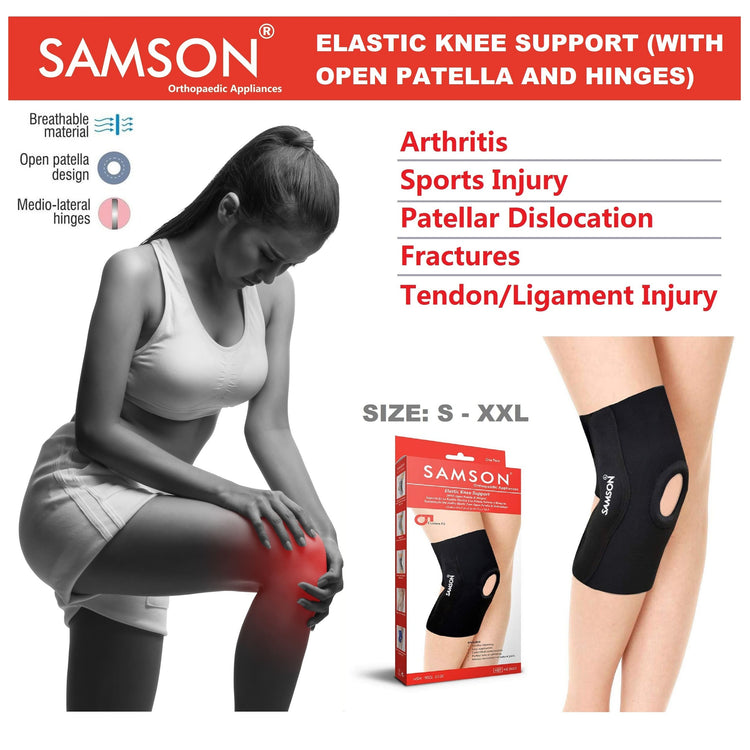 Samson Elastic Knee Support With Open Patella & Hinges - For Arthritis, Sports Injury, Joint Pain Relief, Knee Stabilizer & Support (For Women & Men)