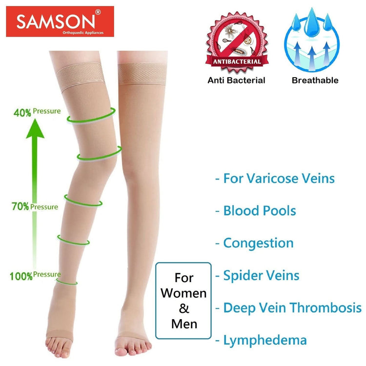 Samson Medical Compression Stockings (Class-1) (Pair) - For Varicose Veins, Blood Pools, Congestion, Spider Veins, DVT, Lymphedema (For Women & Men) (Thigh High)