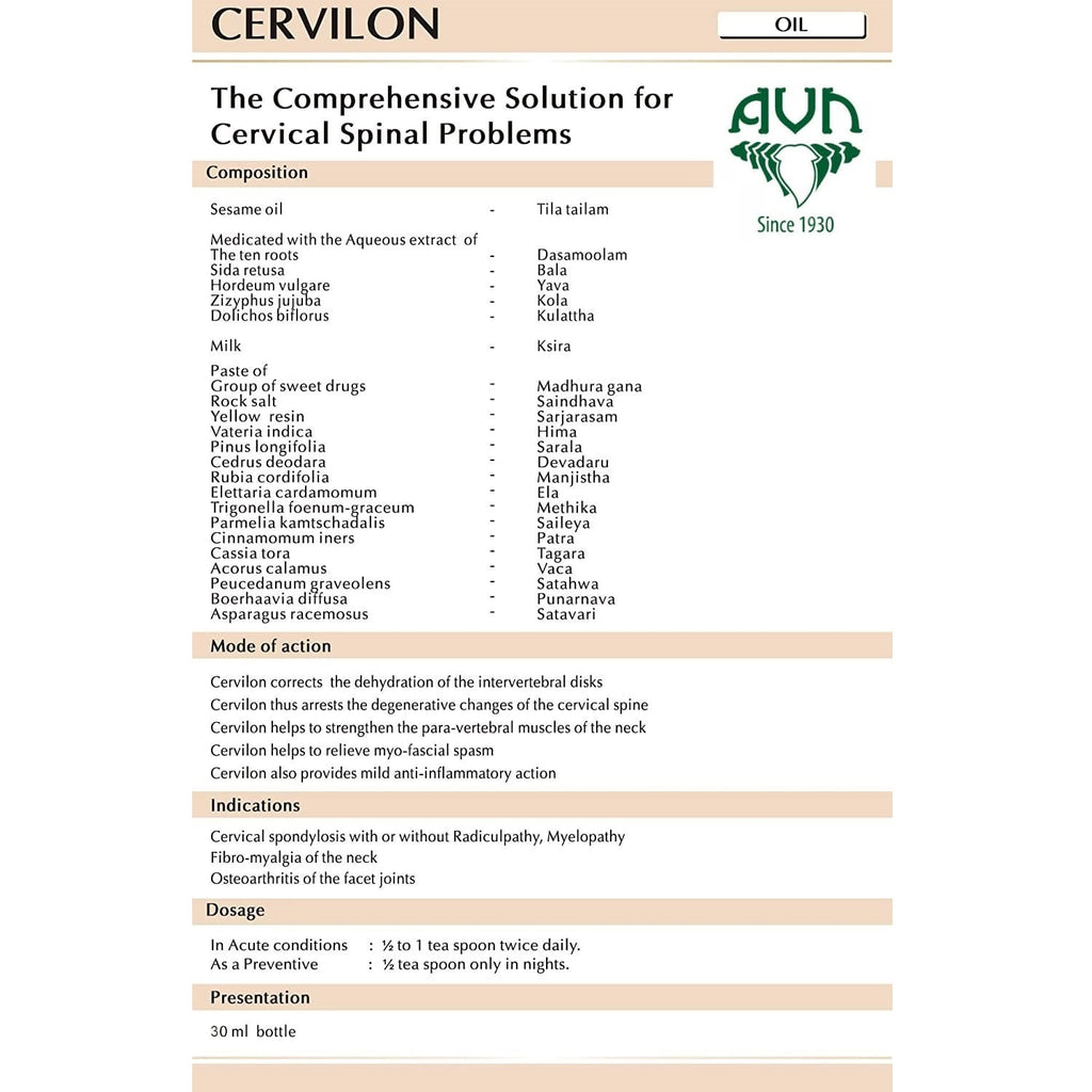 AVN Cervilon Oil : A Proprietary Formula for Cervical Spondylosis, For Cervical Spondylosis, Osteoarthritis of Facet Joints (90 ml) (30 ml X 3)
