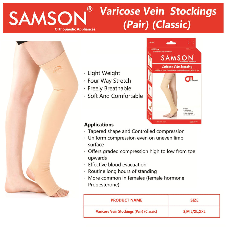 Samson Varicose Vein Stockings (Classic) (Pair) : For Varicose Veins, Blood Pools, Congestion, Spider Veins, DVT, Lymphedema (For Women & Men) (Thigh High)