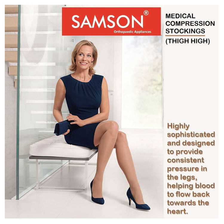 Samson Medical Compression Stockings (Class-1) (Pair) - For Varicose Veins, Blood Pools, Congestion, Spider Veins, DVT, Lymphedema (For Women & Men) (Thigh High)