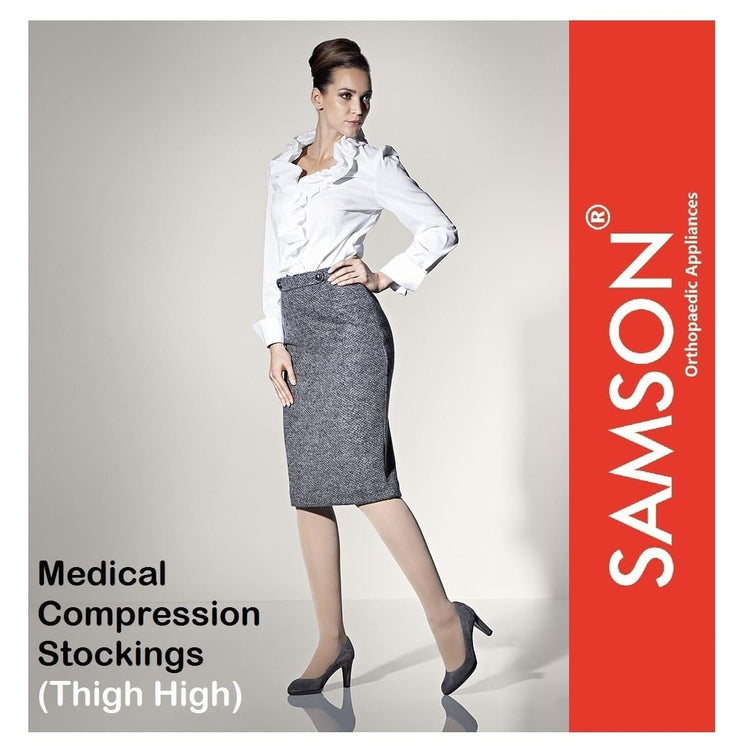 Samson Medical Compression Stockings (Class-1) (Pair) - For Varicose Veins, Blood Pools, Congestion, Spider Veins, DVT, Lymphedema (For Women & Men) (Thigh High)