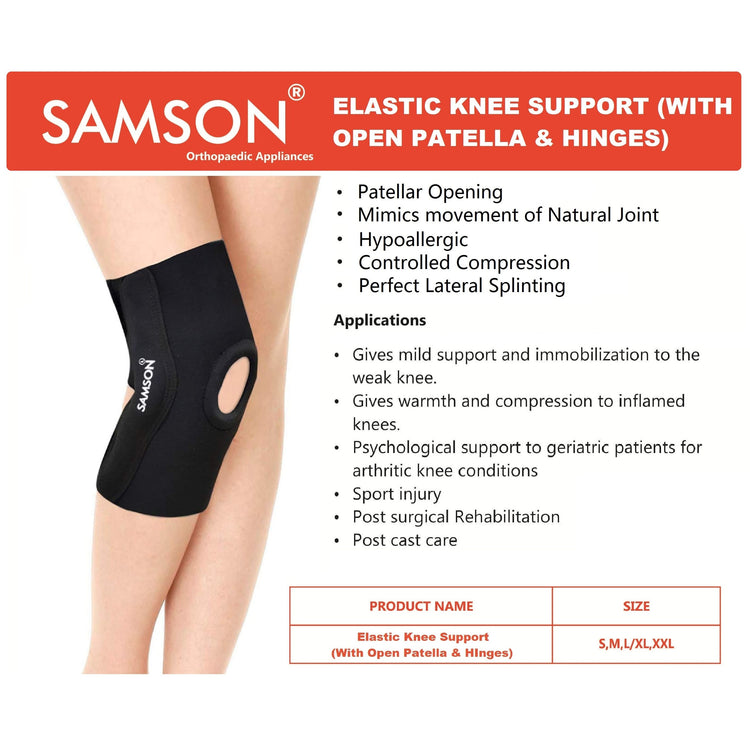 Samson Elastic Knee Support With Open Patella & Hinges - For Arthritis, Sports Injury, Joint Pain Relief, Knee Stabilizer & Support (For Women & Men)