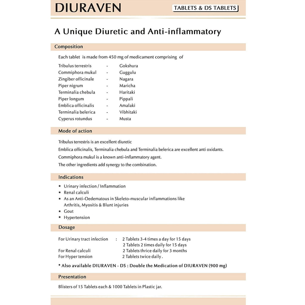 AVN Diuraven Tablets : Helpful in Urinary Infections, Kidney Stones, High Blood Pressure (Hypertension), Gout Arthritis, Asthma (120 Tablets)