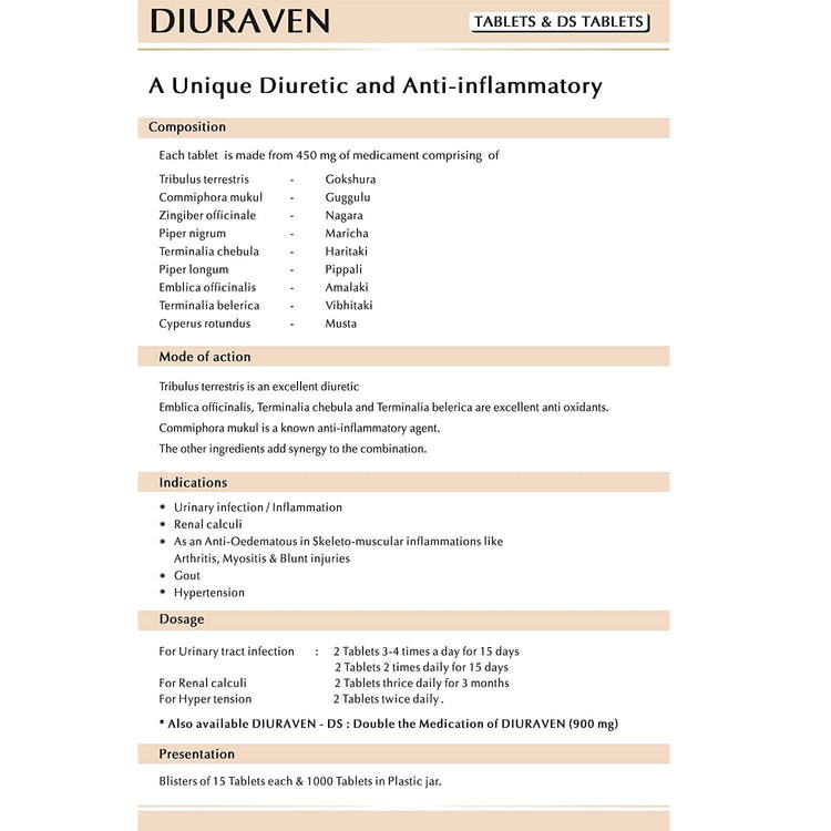 AVN Diuraven Tablets : Helpful in Urinary Infections, Kidney Stones, High Blood Pressure (Hypertension), Gout Arthritis, Asthma (120 Tablets)