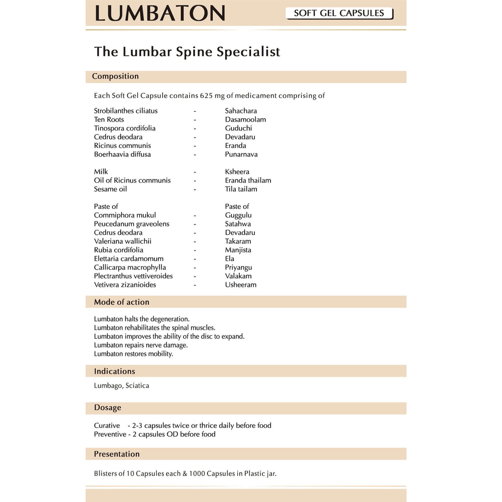 AVN Lumbaton Soft Gel Capsules : For Lumbago, Sciatica, Helps to Seize Degeneration of Vertebrae, Relieves Back ache of Muscle Spasm (120 Capsules)