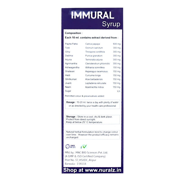 Nuralz Immural Syrup : For Fever, Cold & Flu Relief, Reduces Body Aches, Helpful In Increasing Platelets and Immunity (400ml) (200 ml X 2)