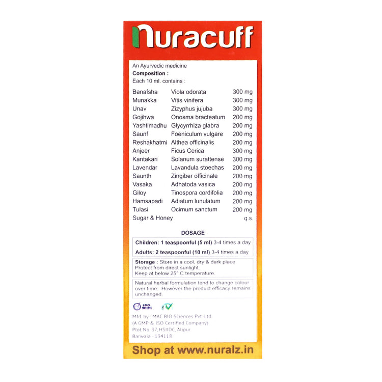 Nuralz Nuracuff Syrup : Ayurvedic Medicine For Cough Relief, Controls Allergic Cough And Soothes Larynx  (400 ml) (100 ml X 4)