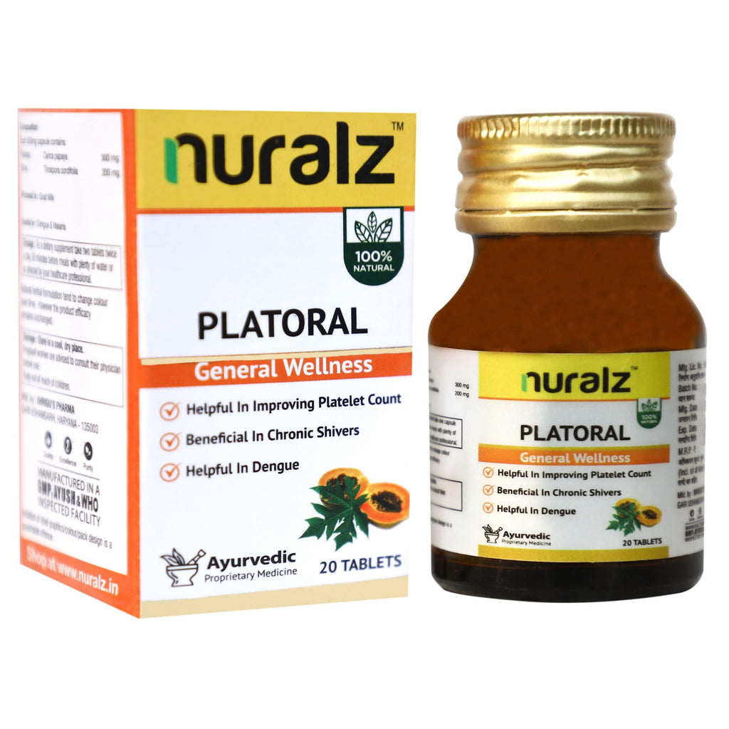 Nuralz Platoral Tablets : Helps to Improve Platelet Count, Beneficial in Dengue, Anti-Oxidant & Natural Detoxifier (20 Tablets)