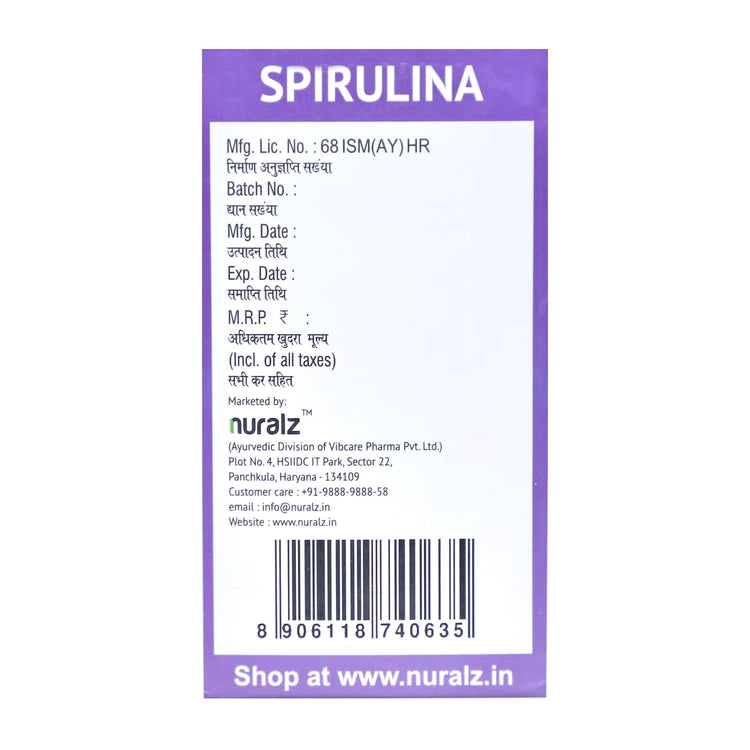 Nuralz Spirulina Tablets : Rich Source of Antioxidants, Helps Build Stamina, Immunity Booster, Anti Inflammatory, For Fatigue, Tiredness (60 Tablets)
