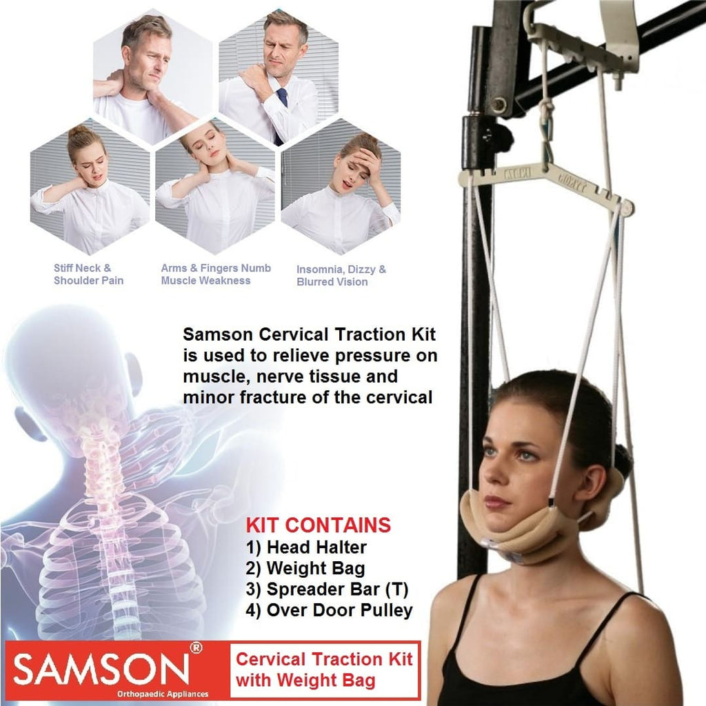 Samson Ergonomically Designed, Portable and Fits Any Door Side Cervical Traction Kit with Weight Bag with Premium Soft Padded Head Halter for Men and Women (Pattern: Sitting, Universal Size)