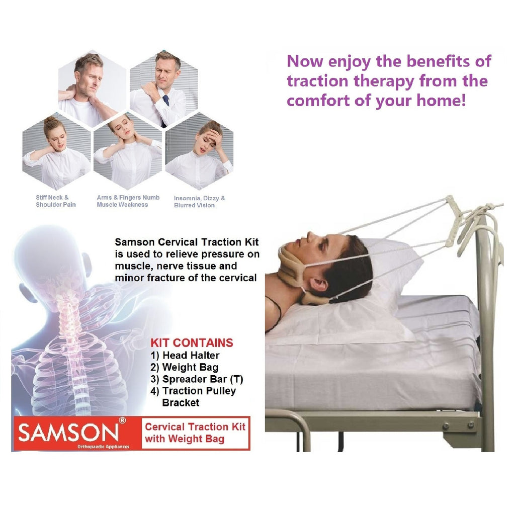 Samson Cervical Traction Kit Portable and Ergonomically Designed to Fit Any Bed Side with Soft Padded Head Halter and with Weight Bag for Men and Women (For Sleeping Position) (Universal)
