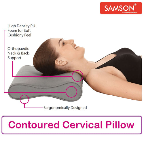 Samson Cervical Pillow (Contoured) - Orthopaedic Neck & Back Support - Ergonomically Designed, High Density PU Foam, Soft Cushiony Feel & Plush Looks (Universal Size)