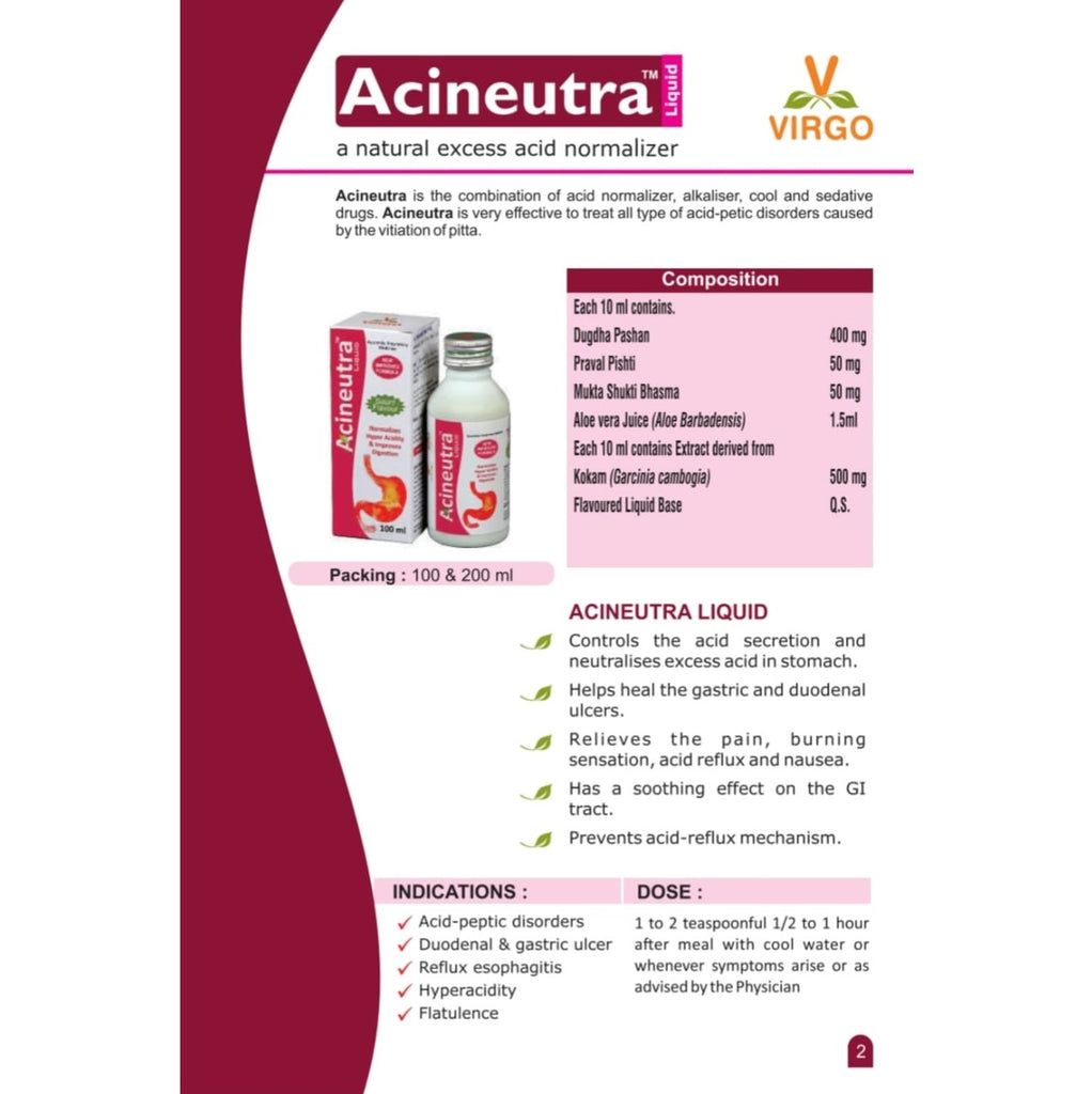Virgo Acineutra Liquid : For Acidity, Gas & Pitta, Helps Digestion, Morning Evacuation and Relieves Gastric Irritation (200 ml) (100 ml X 2)