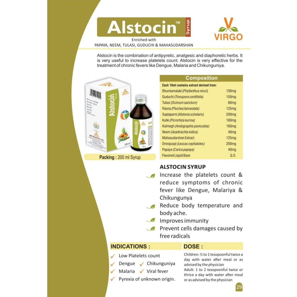 Virgo Alstocin Syrup : For Platelet Count, Dengue, Malaria, Chikungunya (400 ml) (200 ml X 2)