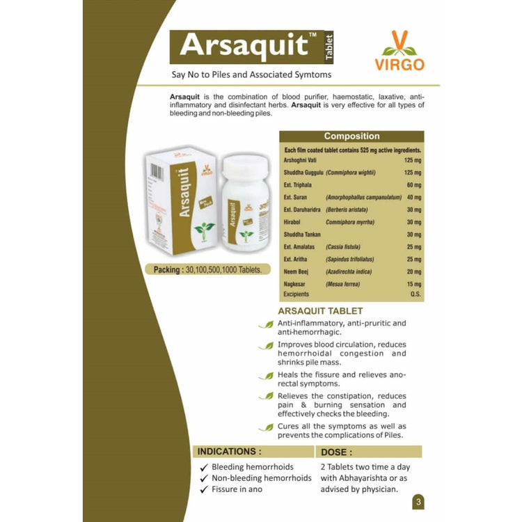 Virgo Arsaquit Tablets : For Piles, Bleeding Piles, Fissures, Relieves Constipation, Reduces Pain & Burning Sensation (60 Tablets) (30 Tablets X 2)