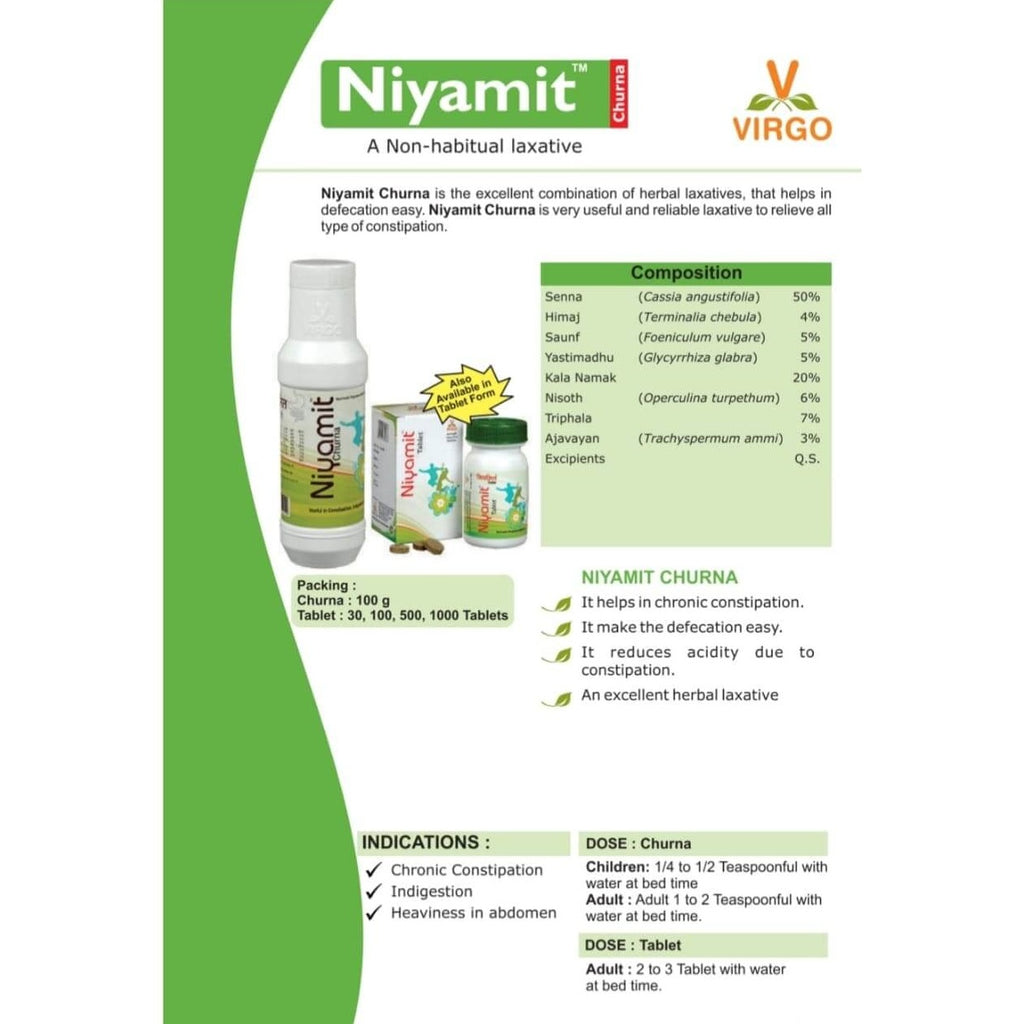 Virgo Niyamit Tablets : Herbal Laxative for Constipation, Indigestion, Improves Overall Digestive Health (120 Tablets) (30 Tablets X 4) (2 MONTHS' DOSE)