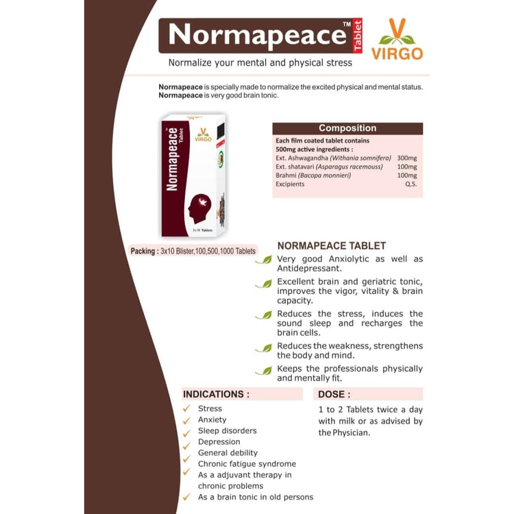 Virgo Normapeace Tablets : Herbal Brain Tonic, Stress Reliever, Keeps the Professionals Physically and Mentally Fit (60 Tablets) (30 Tablets X 2)