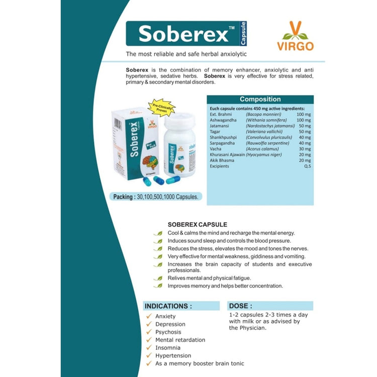 Virgo Soberex Capsules : Helpful in Anxiety, Stress, Mental Health Disorders, Memory Booster Brain Tonic (60 Capsules) (30 Capsules X 2)